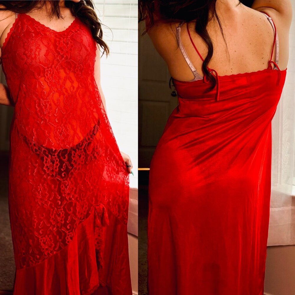 VTG Lace and Sheer Mermaid Slip Dress- Chili Red- M